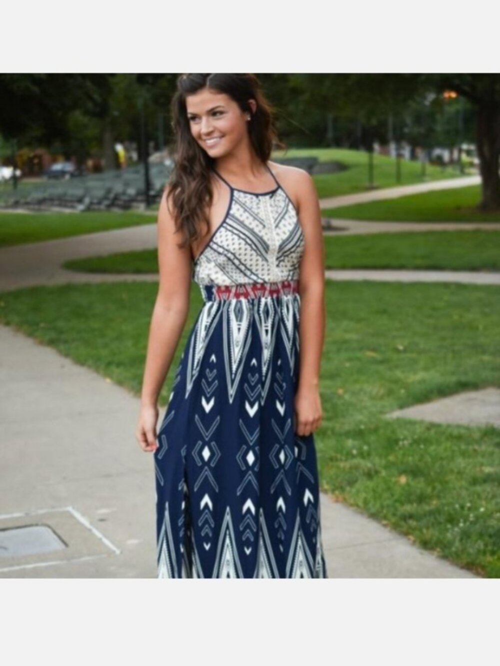 Flying Tomato Boho Halter Maxi Dress Medium Navy Ivory